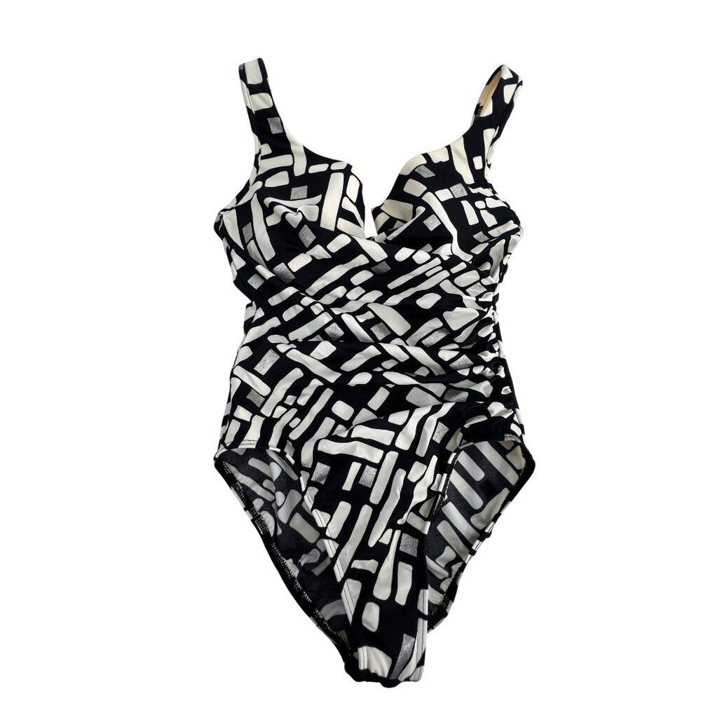 Miraclesuit Womens Black & White Geometric Print One-Piece Swimsuit Size 16